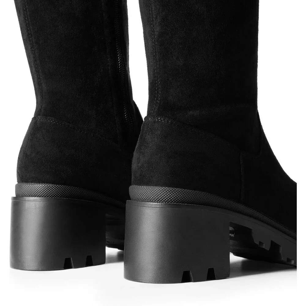Women's Black-suede Faux Leather Knee High Over The Knee High Chunky Heel Boots